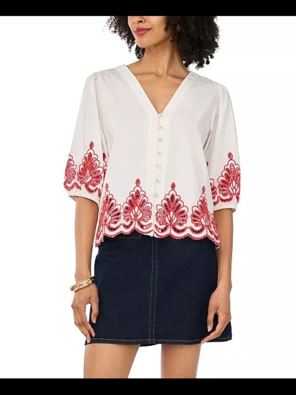 Vince Camuto White Button-Front Blouse with Red Embroidery